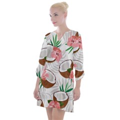 Seamless Pattern Coconut Piece Palm Leaves With Pink Hibiscus Open Neck Shift Dress by Vaneshart