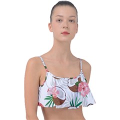 Seamless Pattern Coconut Piece Palm Leaves With Pink Hibiscus Frill Bikini Top