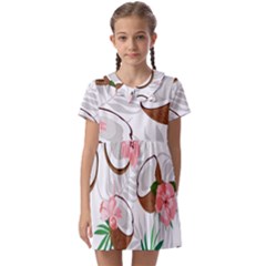 Seamless Pattern Coconut Piece Palm Leaves With Pink Hibiscus Kids  Asymmetric Collar Dress