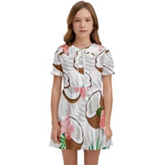 Seamless Pattern Coconut Piece Palm Leaves With Pink Hibiscus Kids  Sweet Collar Dress by Vaneshart