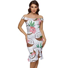 Seamless Pattern Coconut Piece Palm Leaves With Pink Hibiscus Off Shoulder Ruffle Split Hem Bodycon Dress by Vaneshart