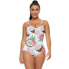 Seamless Pattern Coconut Piece Palm Leaves With Pink Hibiscus Retro Full Coverage Swimsuit by Vaneshart