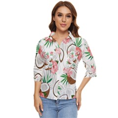 Seamless Pattern Coconut Piece Palm Leaves With Pink Hibiscus Women s Quarter Sleeve Pocket Shirt