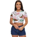Seamless Pattern Coconut Piece Palm Leaves With Pink Hibiscus Side Button Cropped Tee View1