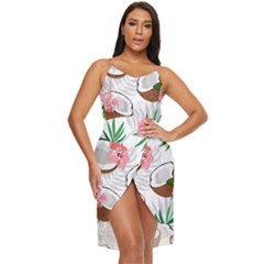 Seamless Pattern Coconut Piece Palm Leaves With Pink Hibiscus Tulip Hem Mini Chiffon Dress