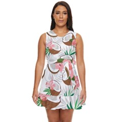 Seamless Pattern Coconut Piece Palm Leaves With Pink Hibiscus Waist Tie Tier Mini Chiffon Dress