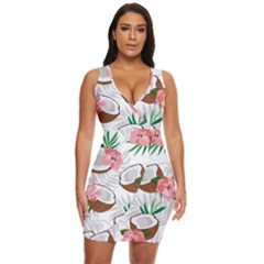 Seamless Pattern Coconut Piece Palm Leaves With Pink Hibiscus Draped Bodycon Dress