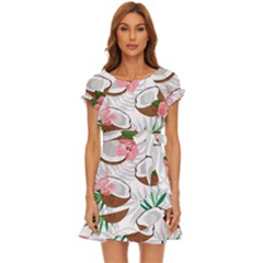 Seamless Pattern Coconut Piece Palm Leaves With Pink Hibiscus Puff Sleeve Frill Dress