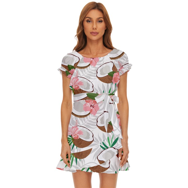 Seamless Pattern Coconut Piece Palm Leaves With Pink Hibiscus Puff Sleeve Frill Dress