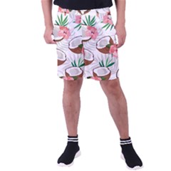 Seamless Pattern Coconut Piece Palm Leaves With Pink Hibiscus Men s Pocket Shorts