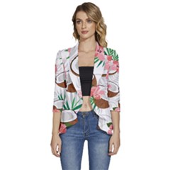 Seamless Pattern Coconut Piece Palm Leaves With Pink Hibiscus Women s 3/4 Sleeve Ruffle Edge Open Front Jacket