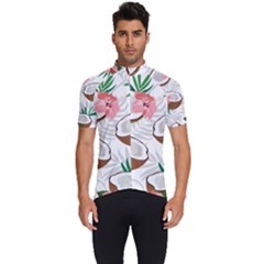 Seamless Pattern Coconut Piece Palm Leaves With Pink Hibiscus Men s Short Sleeve Cycling Jersey