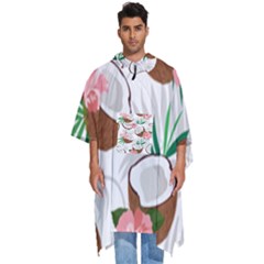 Seamless Pattern Coconut Piece Palm Leaves With Pink Hibiscus Men s Hooded Rain Ponchos