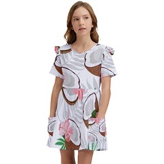 Seamless Pattern Coconut Piece Palm Leaves With Pink Hibiscus Kids  Frilly Sleeves Pocket Dress