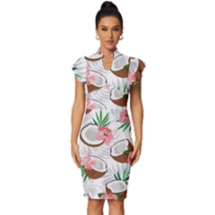 Seamless Pattern Coconut Piece Palm Leaves With Pink Hibiscus Vintage Frill Sleeve V-neck Bodycon Dress