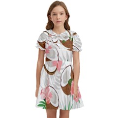 Seamless Pattern Coconut Piece Palm Leaves With Pink Hibiscus Kids  Bow Tie Puff Sleeve Dress