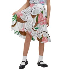 Seamless Pattern Coconut Piece Palm Leaves With Pink Hibiscus Kids  Ruffle Flared Wrap Midi Skirt