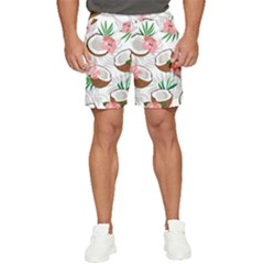 Seamless Pattern Coconut Piece Palm Leaves With Pink Hibiscus Men s Runner Shorts