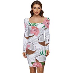 Seamless Pattern Coconut Piece Palm Leaves With Pink Hibiscus Women Long Sleeve Ruched Stretch Jersey Dress