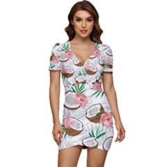 Seamless Pattern Coconut Piece Palm Leaves With Pink Hibiscus Low Cut Cap Sleeve Mini Dress