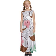 Seamless Pattern Coconut Piece Palm Leaves With Pink Hibiscus Kids  Satin Sleeveless Maxi Dress