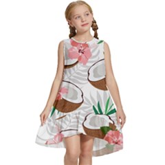 Seamless Pattern Coconut Piece Palm Leaves With Pink Hibiscus Kids  Frill Swing Dress