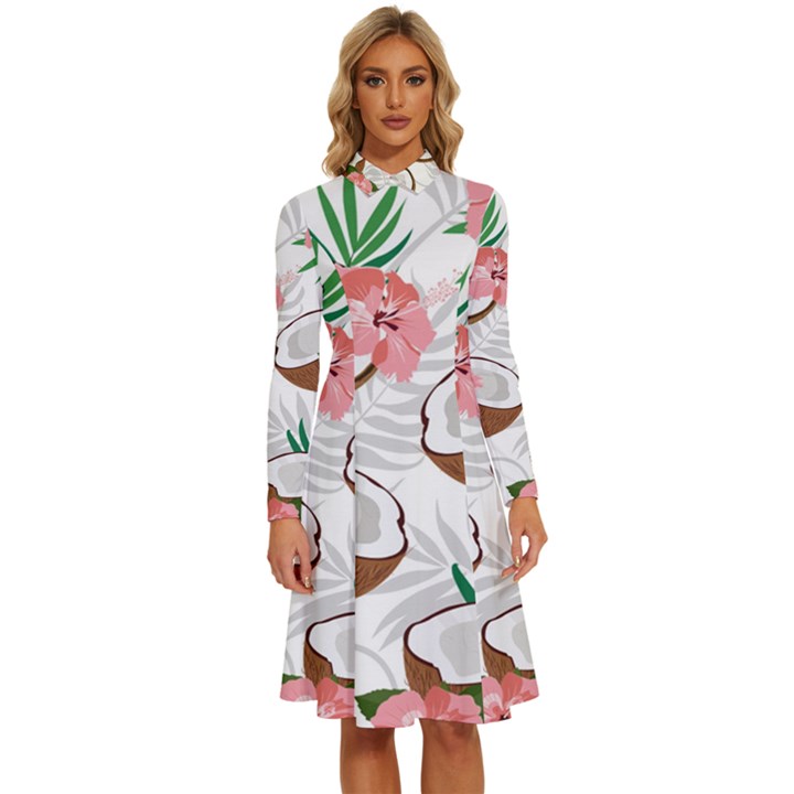 Seamless Pattern Coconut Piece Palm Leaves With Pink Hibiscus Long Sleeve Shirt Collar A-Line Dress