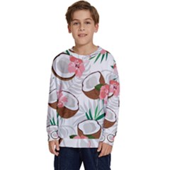 Seamless Pattern Coconut Piece Palm Leaves With Pink Hibiscus Kids  Long Sleeve Jersey