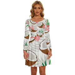 Seamless Pattern Coconut Piece Palm Leaves With Pink Hibiscus Long Sleeve Wide Neck Velvet Dress