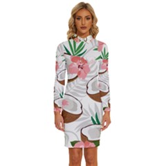 Seamless Pattern Coconut Piece Palm Leaves With Pink Hibiscus Long Sleeve Shirt Collar Bodycon Dress