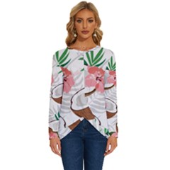 Seamless Pattern Coconut Piece Palm Leaves With Pink Hibiscus Long Sleeve Crew Neck Pullover Top