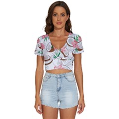 Seamless Pattern Coconut Piece Palm Leaves With Pink Hibiscus V-neck Crop Top