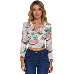 Seamless Pattern Coconut Piece Palm Leaves With Pink Hibiscus Long Sleeve V-neck Top