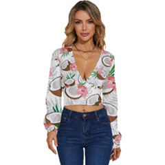 Seamless Pattern Coconut Piece Palm Leaves With Pink Hibiscus Long Sleeve Deep-v Velour Top