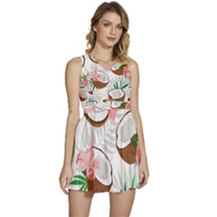 Seamless Pattern Coconut Piece Palm Leaves With Pink Hibiscus Sleeveless High Waist Mini Dress