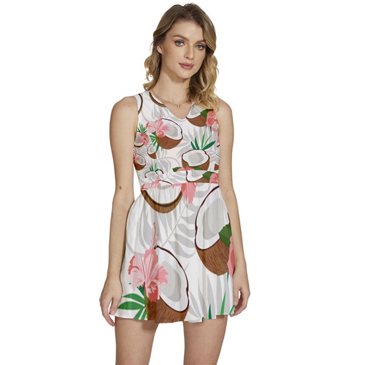 Seamless Pattern Coconut Piece Palm Leaves With Pink Hibiscus Sleeveless High Waist Mini Dress