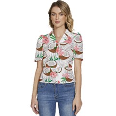 Seamless Pattern Coconut Piece Palm Leaves With Pink Hibiscus Puffed Short Sleeve Button Up Jacket