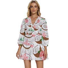 Seamless Pattern Coconut Piece Palm Leaves With Pink Hibiscus V-neck Placket Mini Dress