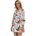 Seamless Pattern Coconut Piece Palm Leaves With Pink Hibiscus V-Neck Placket Mini Dress View2