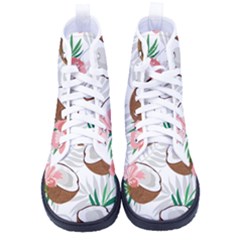 Seamless Pattern Coconut Piece Palm Leaves With Pink Hibiscus Kid s High-top Canvas Sneakers