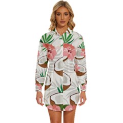 Seamless Pattern Coconut Piece Palm Leaves With Pink Hibiscus Womens Long Sleeve Shirt Dress