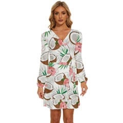 Seamless Pattern Coconut Piece Palm Leaves With Pink Hibiscus Long Sleeve Waist Tie Ruffle Velvet Dress