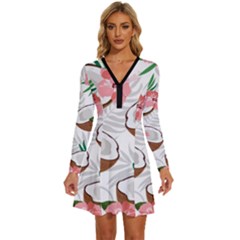 Seamless Pattern Coconut Piece Palm Leaves With Pink Hibiscus Long Sleeve Deep V Mini Dress 