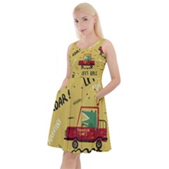 Childish-seamless-pattern-with-dino-driver Knee Length Skater Dress With Pockets