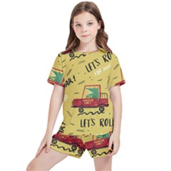 Childish-seamless-pattern-with-dino-driver Kids  Tee And Sports Shorts Set