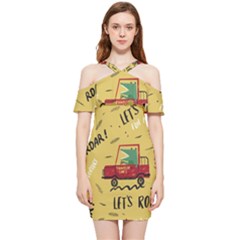Childish-seamless-pattern-with-dino-driver Shoulder Frill Bodycon Summer Dress