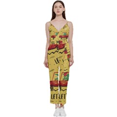 Childish-seamless-pattern-with-dino-driver V-neck Spaghetti Strap Tie Front Jumpsuit