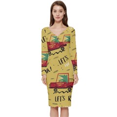 Childish-seamless-pattern-with-dino-driver Long Sleeve V-neck Bodycon Dress 