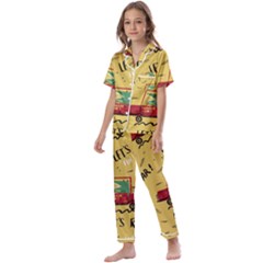 Childish-seamless-pattern-with-dino-driver Kids  Satin Short Sleeve Pajamas Set