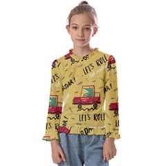 Childish-seamless-pattern-with-dino-driver Kids  Frill Detail Tee